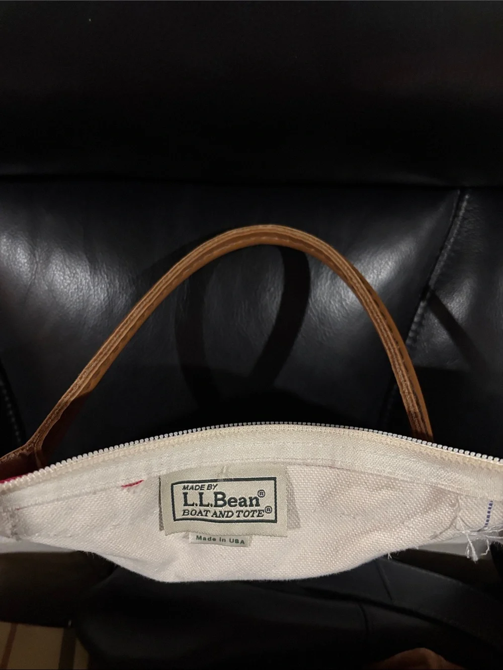 LL Bean Red & Cream Canvas Tote Bag with Leather Handles